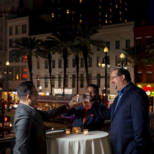 Three people in suits are gathered around a table with candles on a rooftop at night, overlooking a city with palm trees and buildings.